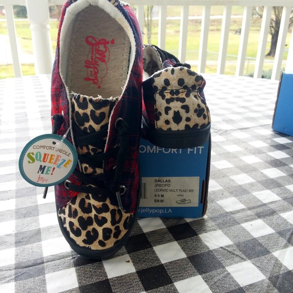 NWT Jellypop Sneaker Leopard with Multi plaid with black sole to complement! 6.5